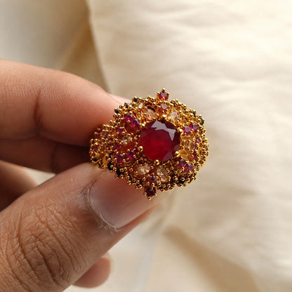 Gulrukh Ruby Red & Champagne Floral Statement Ring view 6