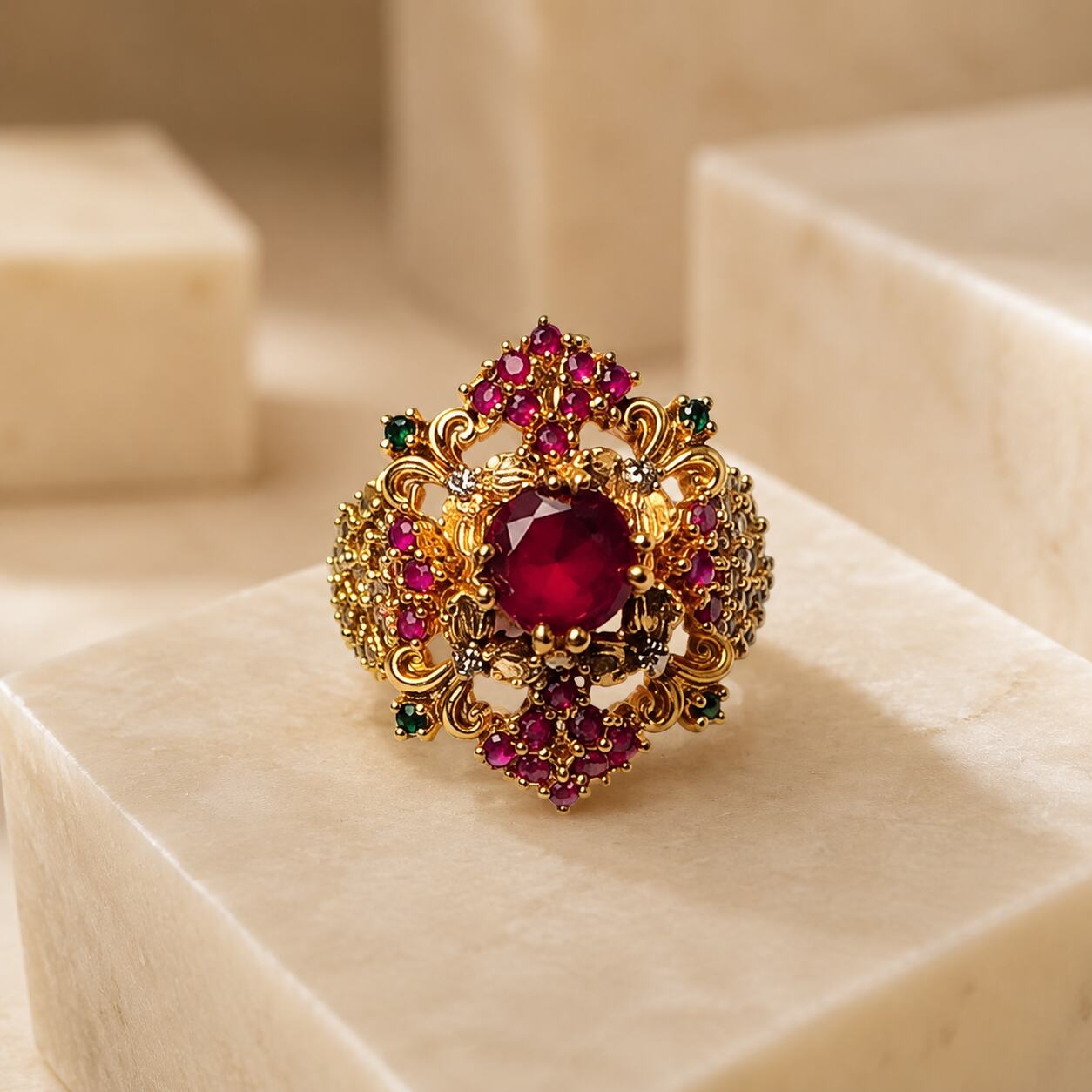 Shahbano Ruby Red & Emerald Filigree Cocktail Ring view 1