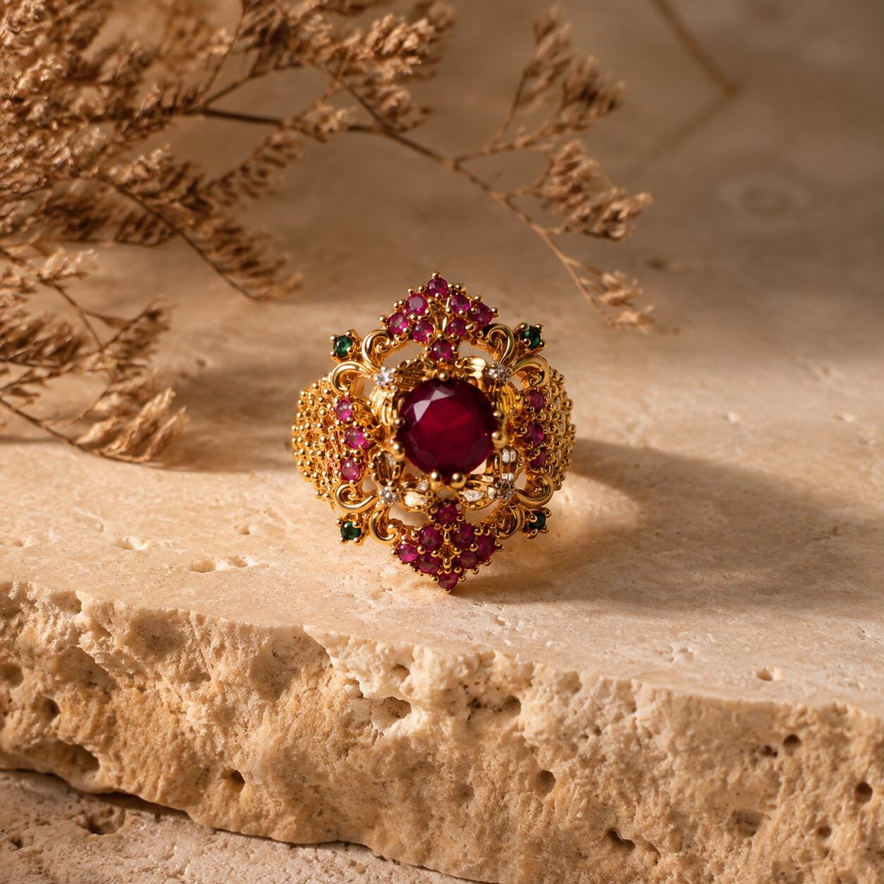 Shahbano Ruby Red & Emerald Filigree Cocktail Ring view 2