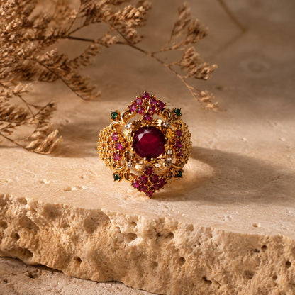 Shahbano Ruby Red & Emerald Filigree Cocktail Ring view 2