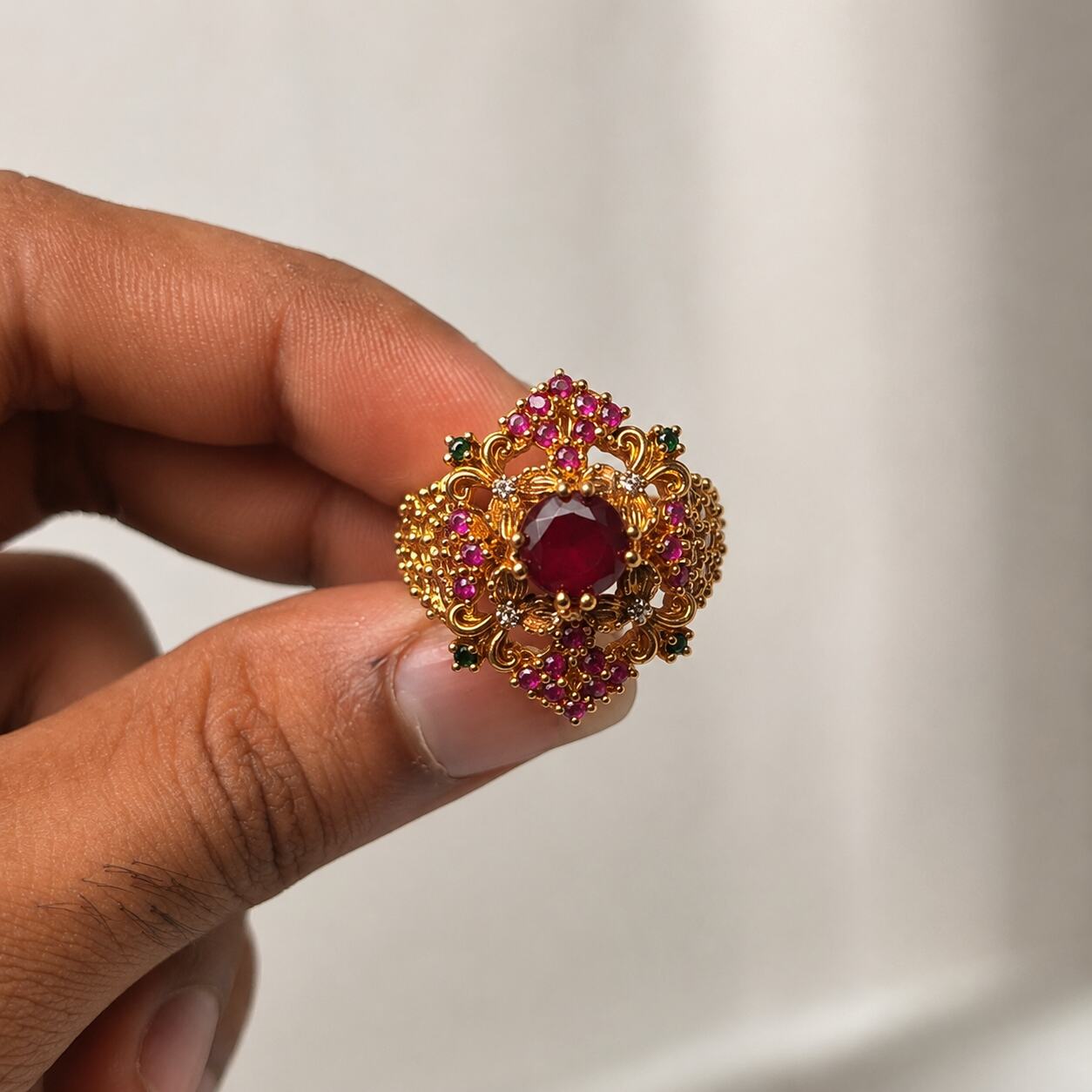 Shahbano Ruby Red & Emerald Filigree Cocktail Ring view 6