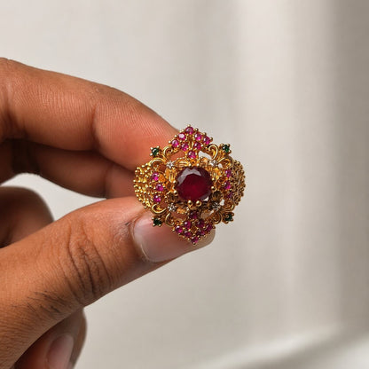 Shahbano Ruby Red & Emerald Filigree Cocktail Ring view 6