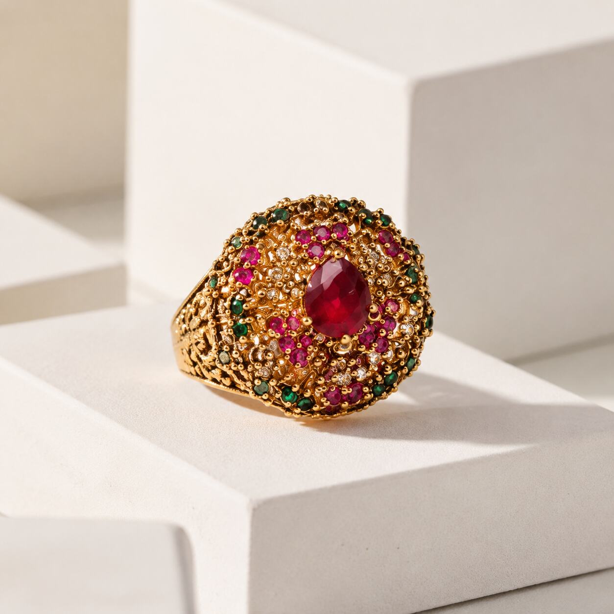 Meher Ruby Red Multicolour Teardrop Statement Ring view 1