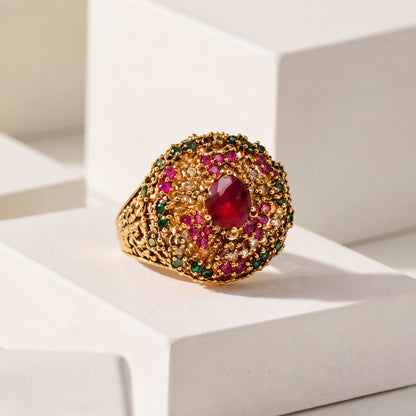 Meher Ruby Red Multicolour Teardrop Statement Ring view 1