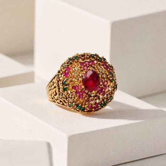 Meher Ruby Red Multicolour Teardrop Statement Ring view 1