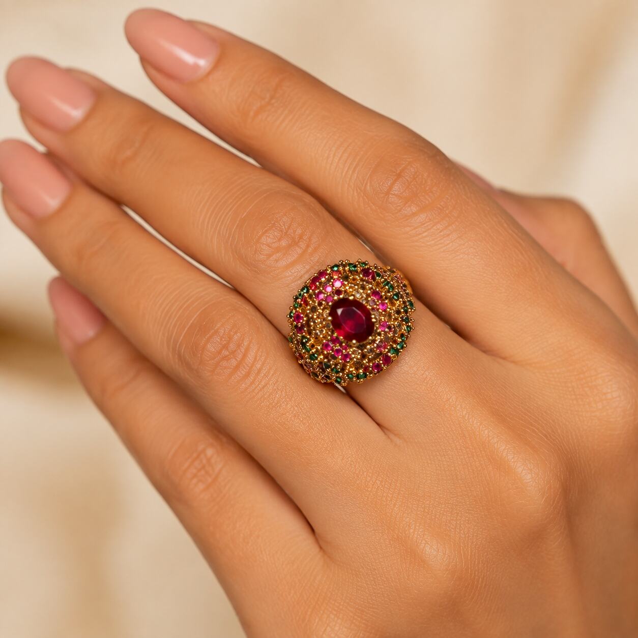 Meher Ruby Red Multicolour Teardrop Statement Ring view 4