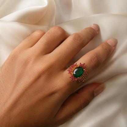 Zamurrad Emerald Green & Ruby Asymmetric Ring view 4