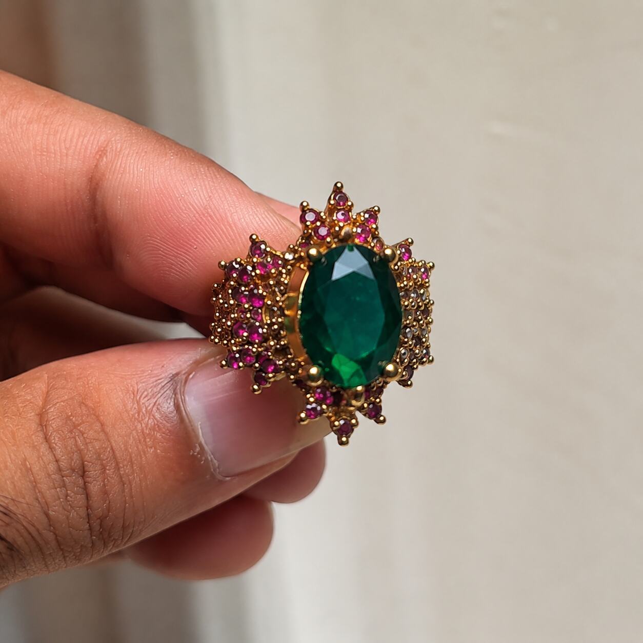 Zamurrad Emerald Green & Ruby Asymmetric Ring view 5