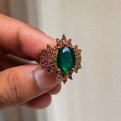 Zamurrad Emerald Green & Ruby Asymmetric Ring view 5