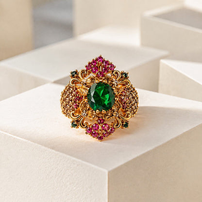 Sabeen Emerald Green & Ruby Floral Filigree Ring view 1