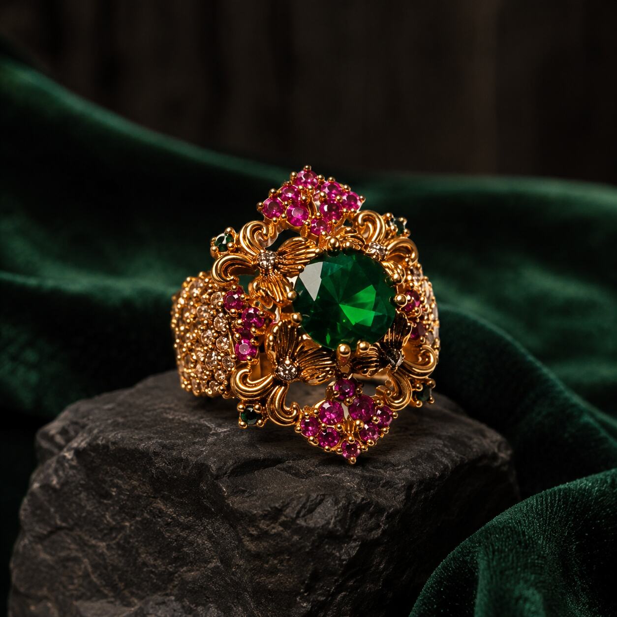 Sabeen Emerald Green & Ruby Floral Filigree Ring view 2