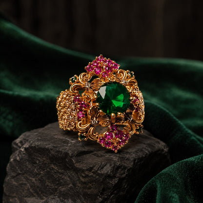 Sabeen Emerald Green & Ruby Floral Filigree Ring view 2