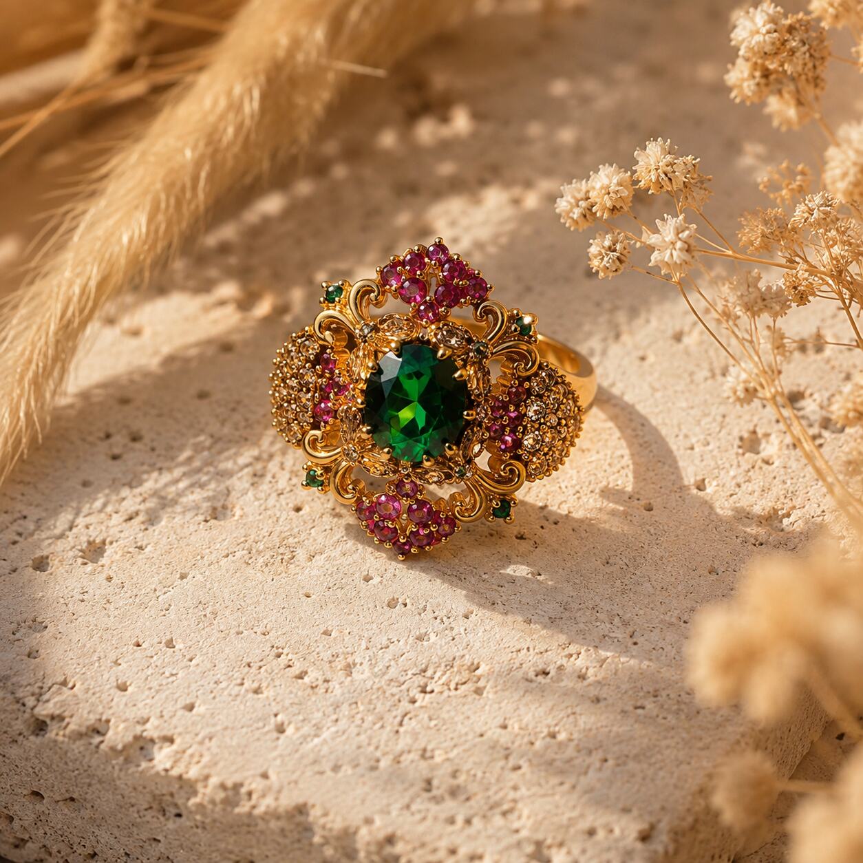Sabeen Emerald Green & Ruby Floral Filigree Ring view 3