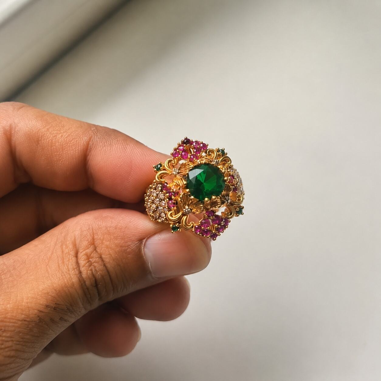 Sabeen Emerald Green & Ruby Floral Filigree Ring view 6