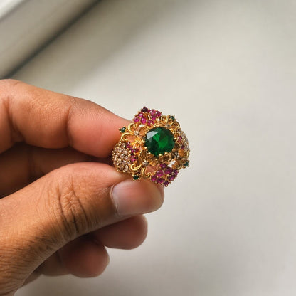 Sabeen Emerald Green & Ruby Floral Filigree Ring view 6