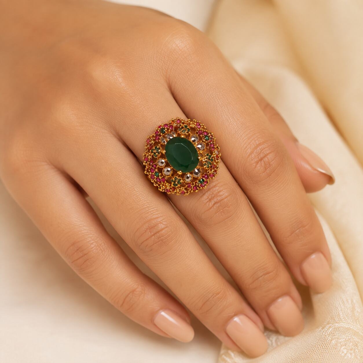 Nayab Emerald Green Ruby Crystal Halo Ring view 3
