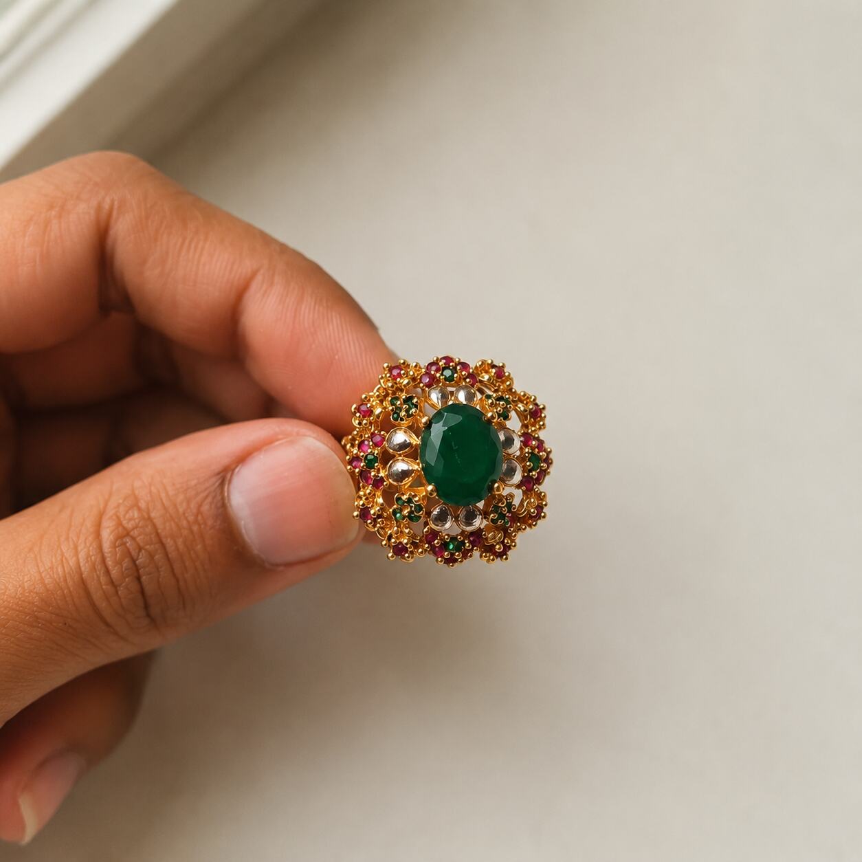 Nayab Emerald Green Ruby Crystal Halo Ring view 6