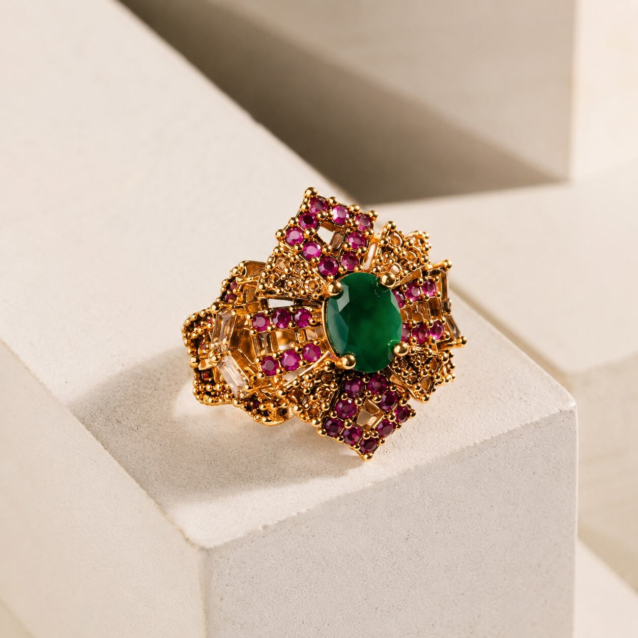 Afsana Emerald Green Ruby Geometric Floral Ring view 1