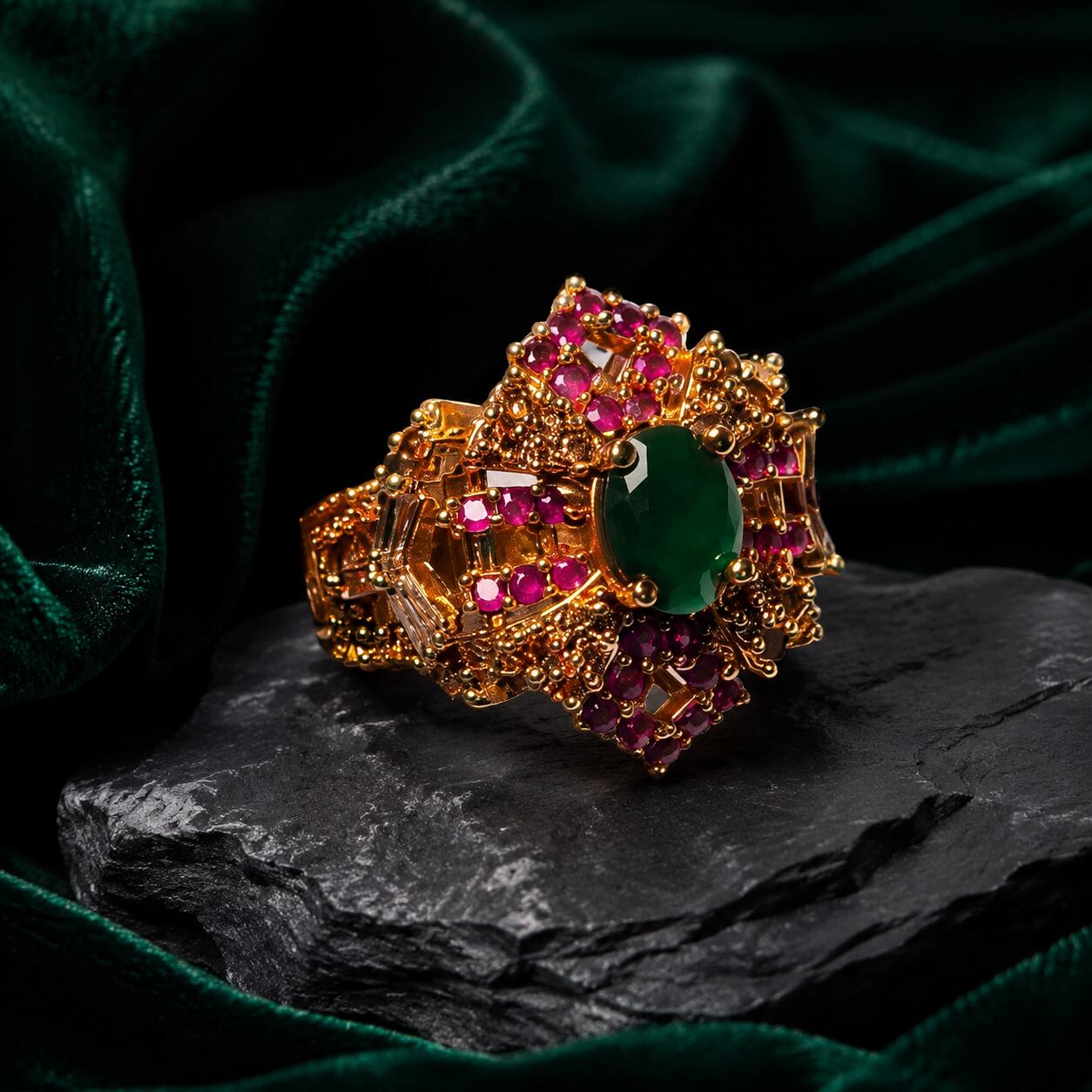Afsana Emerald Green Ruby Geometric Floral Ring view 5