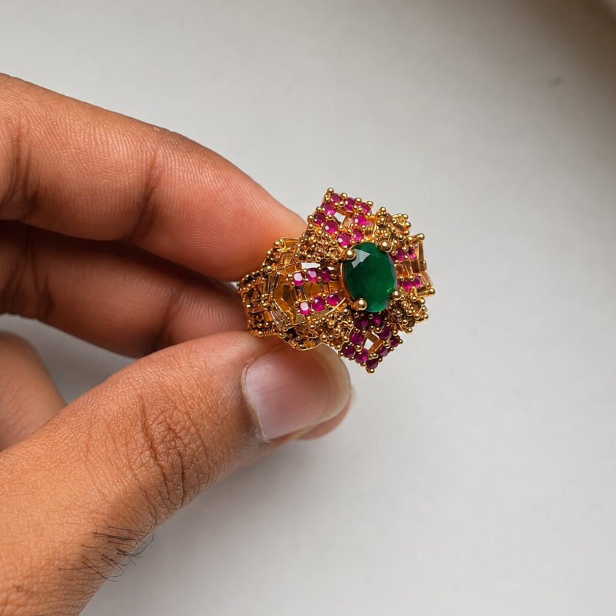 Afsana Emerald Green Ruby Geometric Floral Ring view 6