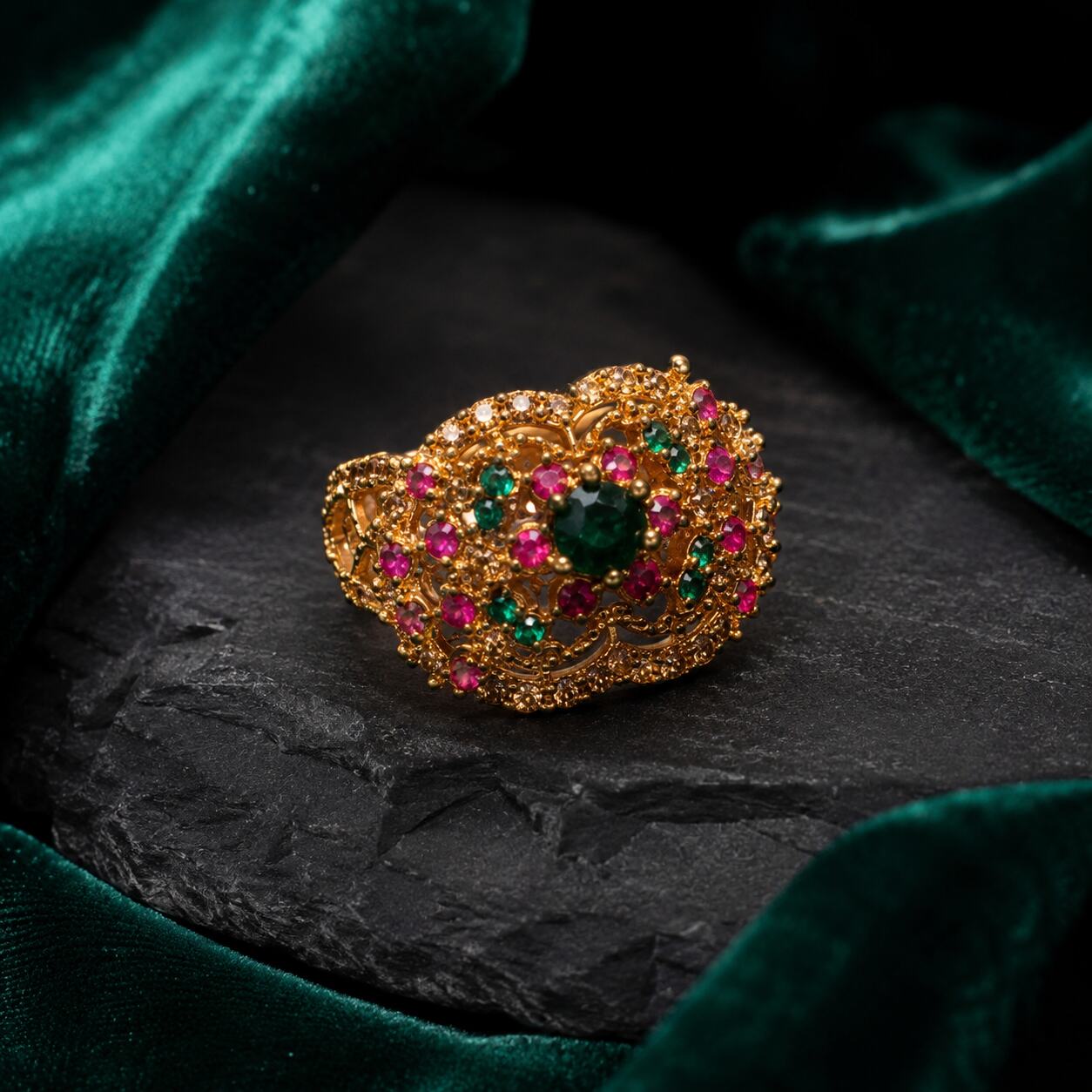 Mahira Emerald Ruby Multicolour Openwork Ring view 3