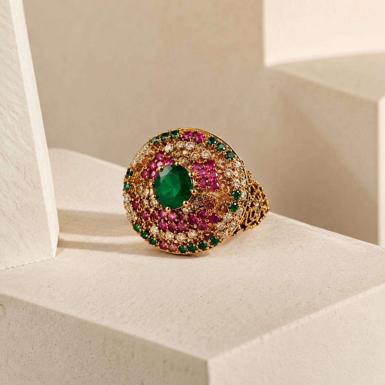 Dilara Emerald Ruby Circular Statement Ring view 1