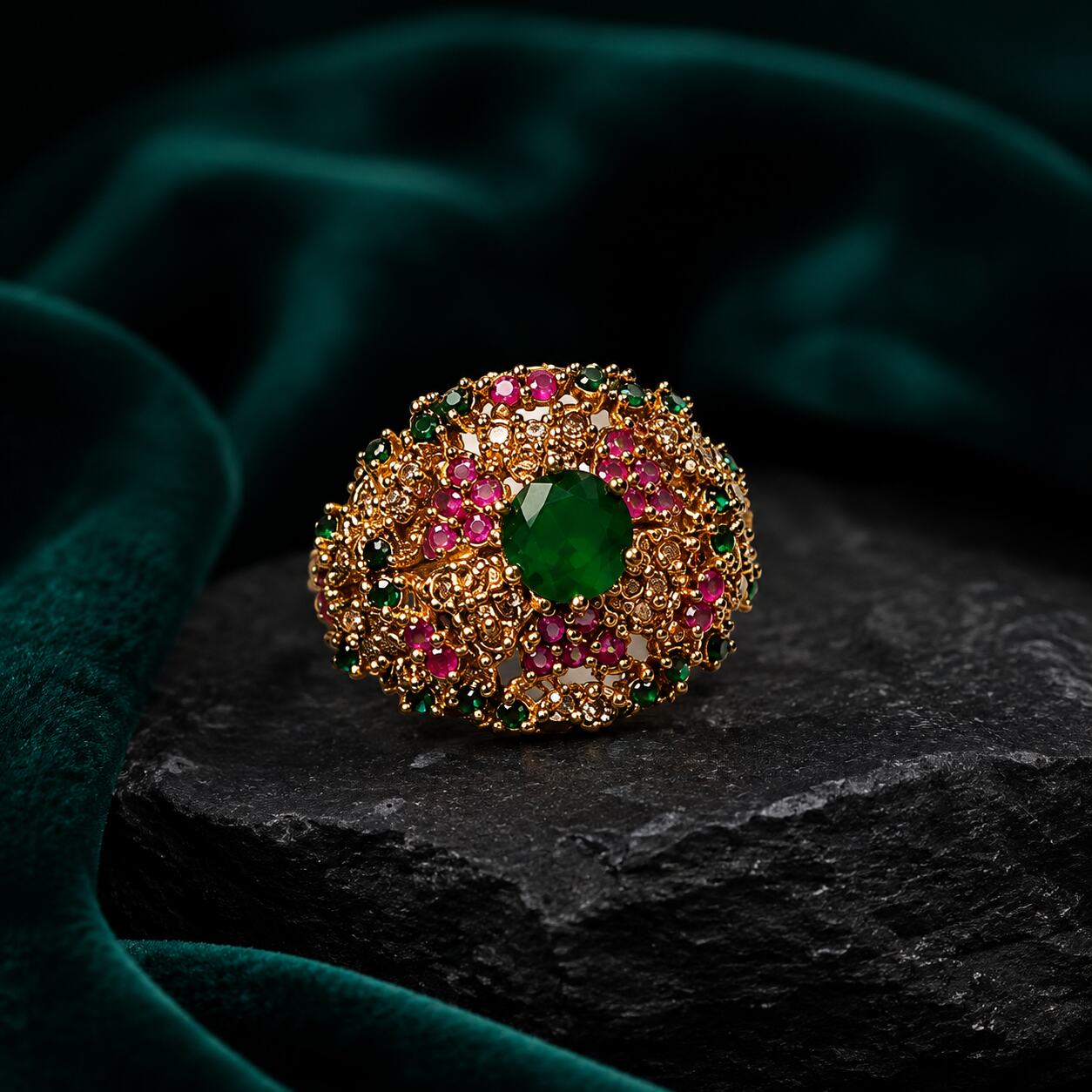 Dilara Emerald Ruby Circular Statement Ring view 3