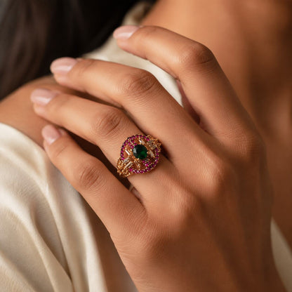 Zahra emerald green ruby Kundan statement ring view 4