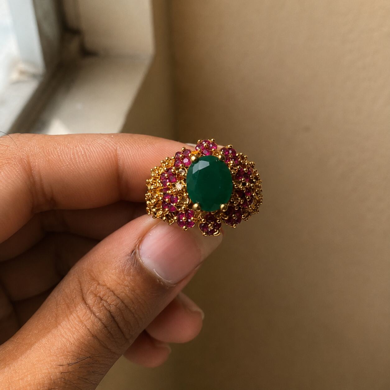 Anara emerald green ruby floral cocktail ring view 4