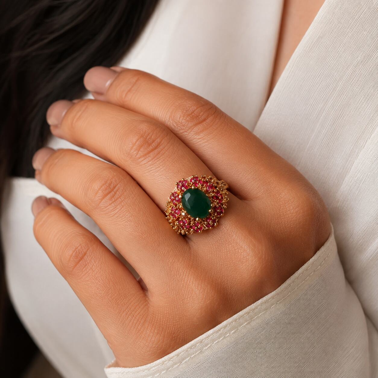 Anara emerald green ruby floral cocktail ring view 5
