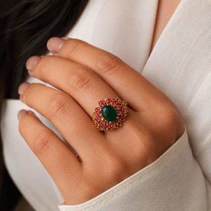 Anara emerald green ruby floral cocktail ring view 5