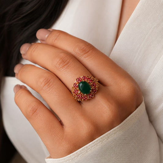 Anara emerald green ruby floral cocktail ring view 5