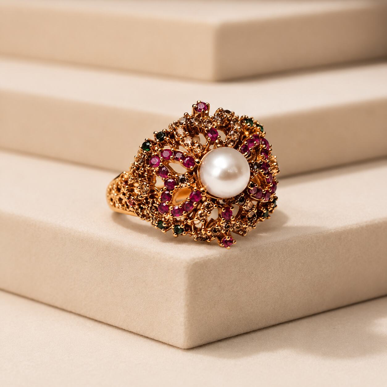 Gulbahar pearl ruby emerald filigree ring view 1