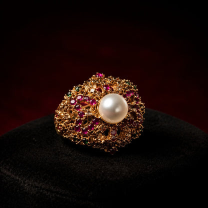 Gulbahar pearl ruby emerald filigree ring view 2