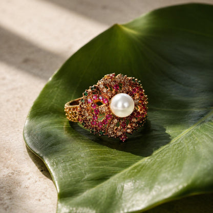 Gulbahar pearl ruby emerald filigree ring view 5
