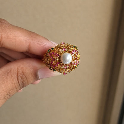 Gulbahar pearl ruby emerald filigree ring view 6
