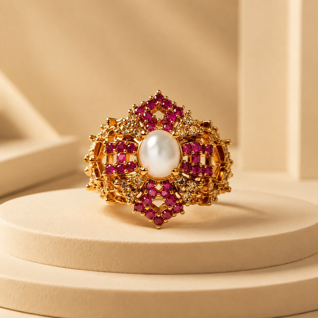 Roshanara pearl ruby geometric statement ring view 1