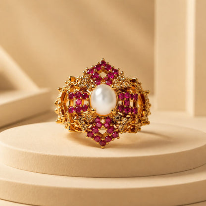 Roshanara pearl ruby geometric statement ring view 1