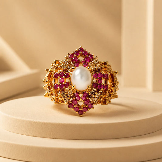 Roshanara pearl ruby geometric statement ring view 1