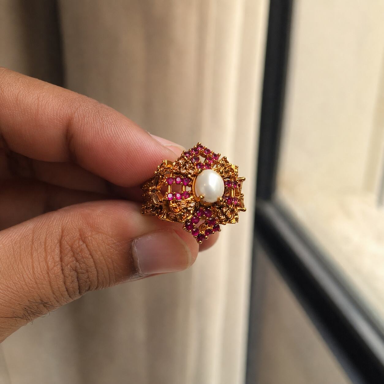 Roshanara pearl ruby geometric statement ring view 6
