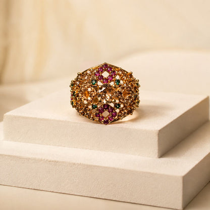Zarmina champagne ruby emerald statement ring view 1