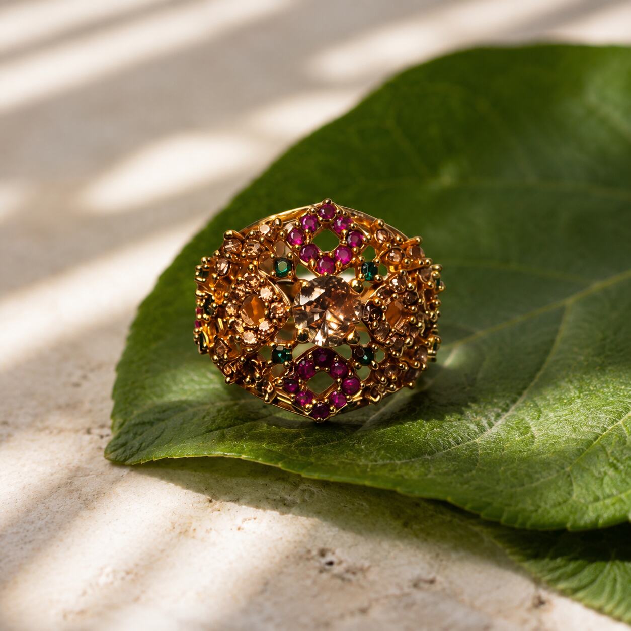 Zarmina champagne ruby emerald statement ring view 4