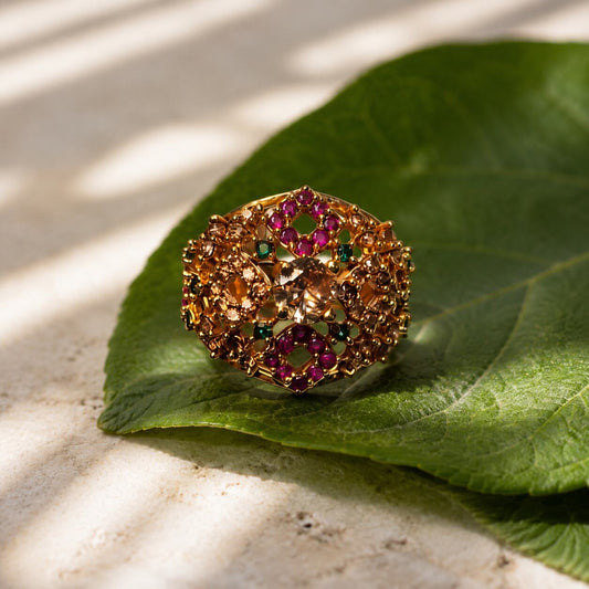 Zarmina champagne ruby emerald statement ring view 4