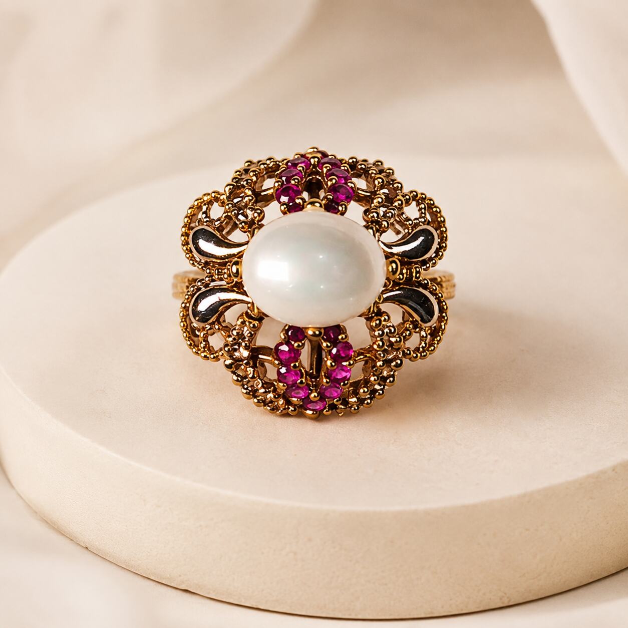 Motiya pearl ruby black enamel floral ring view 1