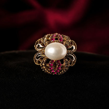 Motiya pearl ruby black enamel floral ring view 2