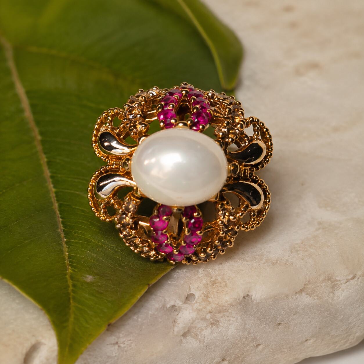 Motiya pearl ruby black enamel floral ring view 3