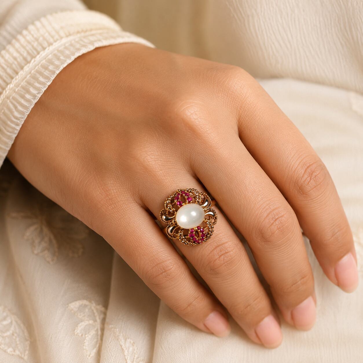 Motiya pearl ruby black enamel floral ring view 4