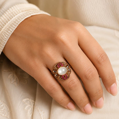 Motiya pearl ruby black enamel floral ring view 4