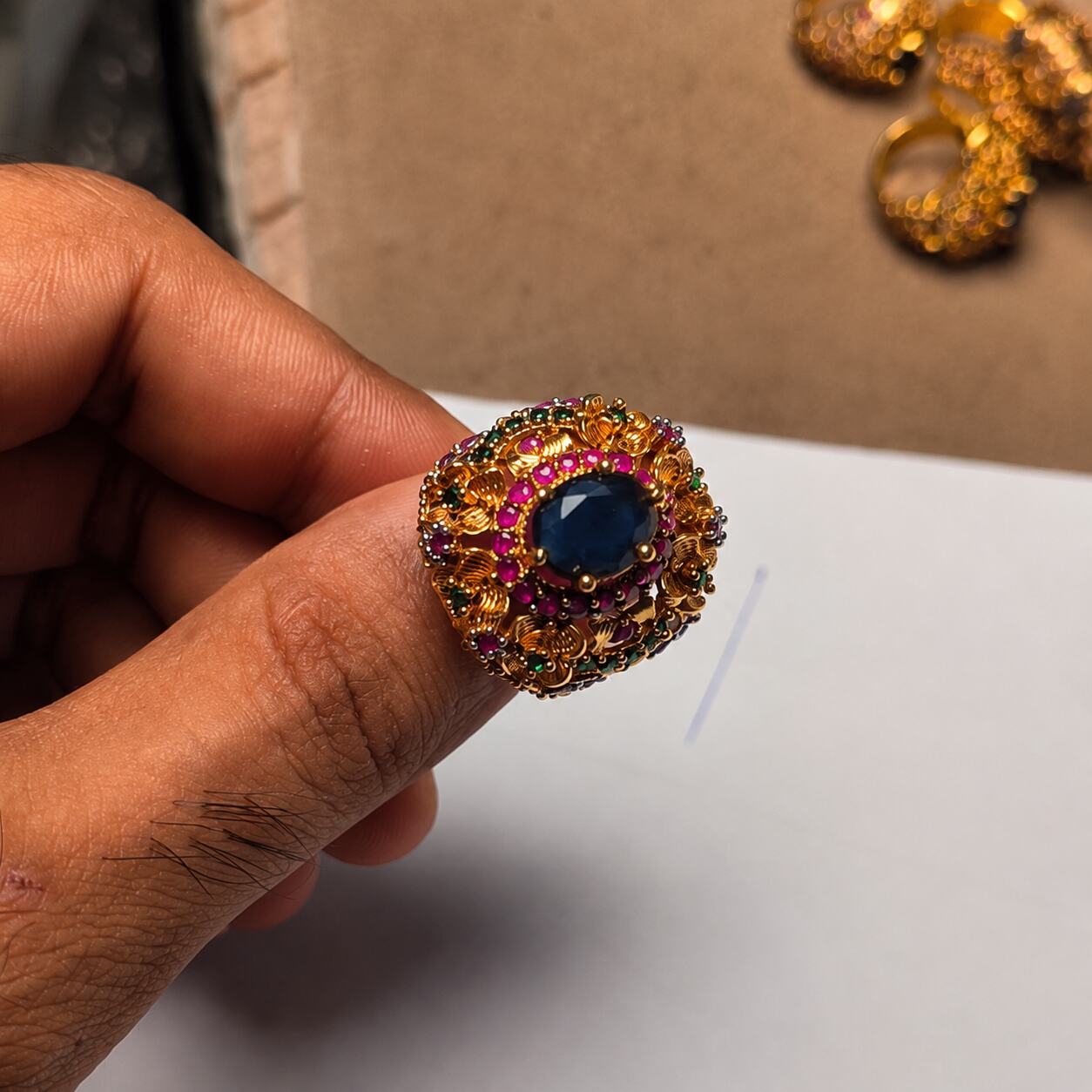 Neelam Sapphire Blue Ruby & Emerald Floral Ring - image 3