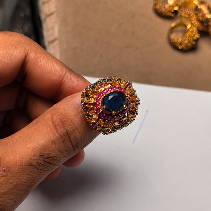 Neelam Sapphire Blue Ruby & Emerald Floral Ring - image 3
